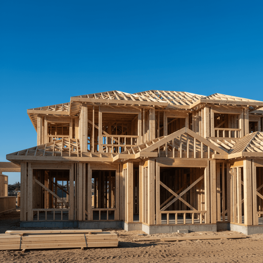 WLG Homes residential construction framing under a clear blue sky in Saskatoon