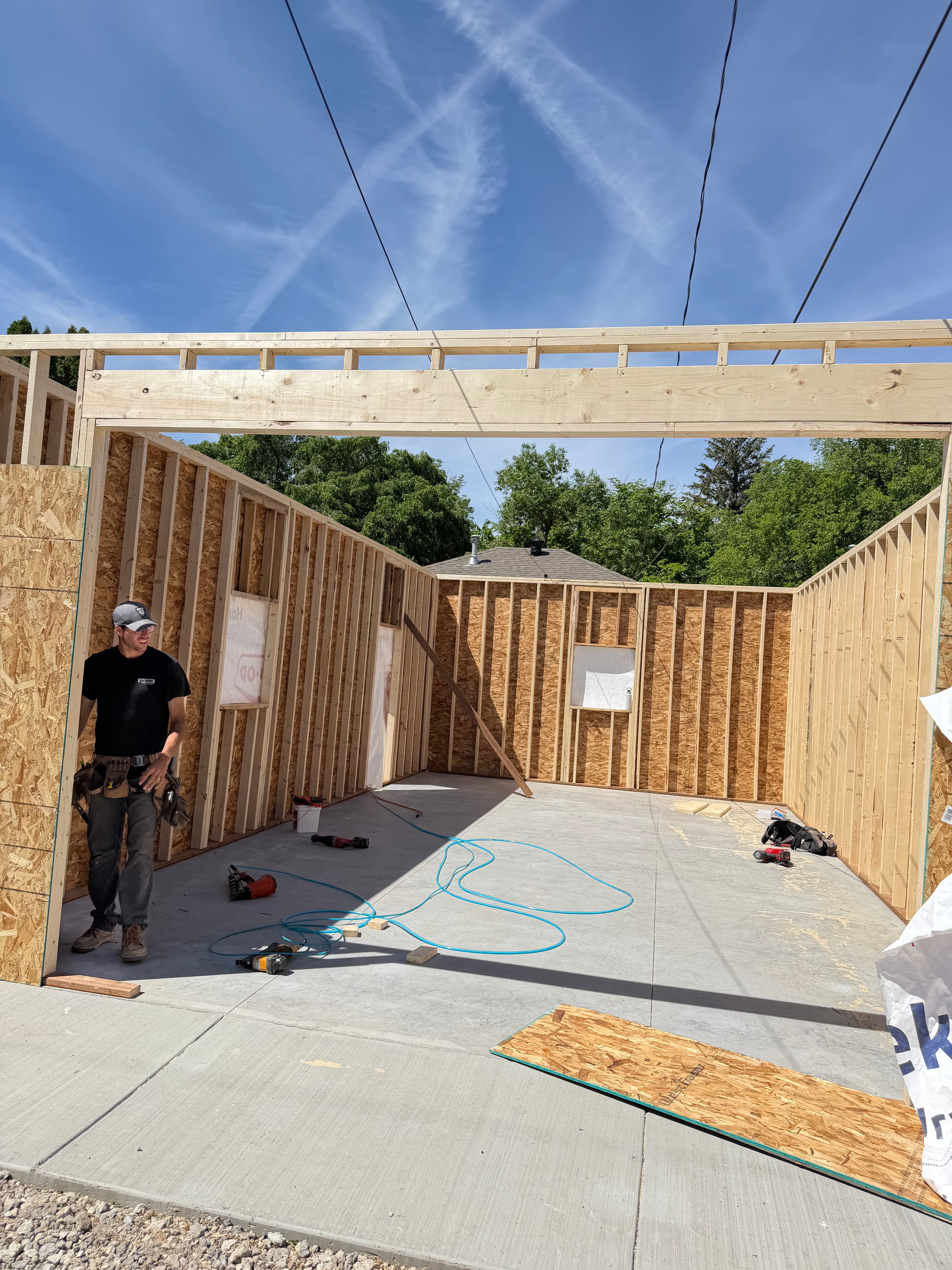 Interior view of completed roof rafter structure inside Saskatoon detached garage