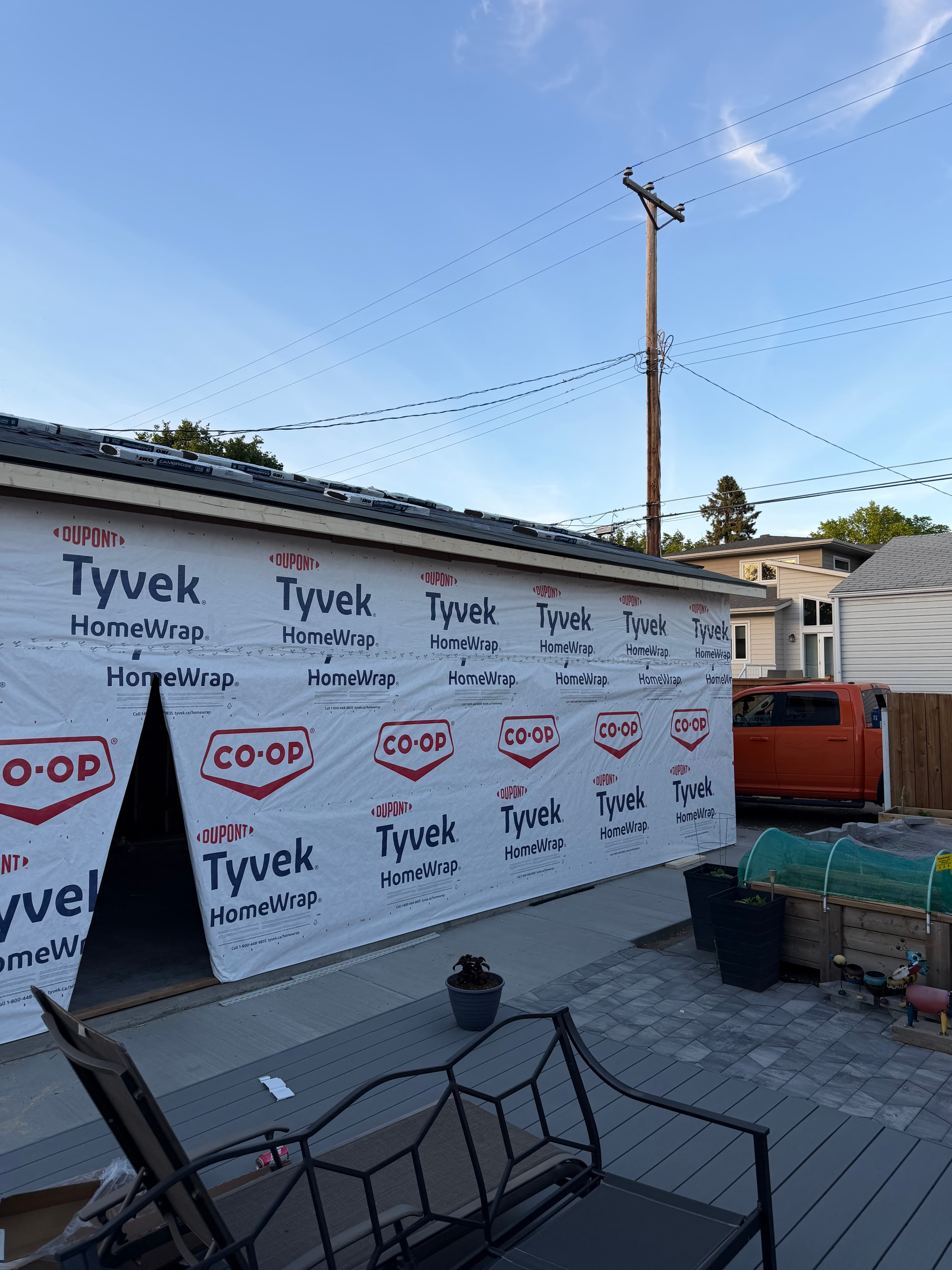 Full Tyvek HomeWrap installed on detached garage walls in Saskatoon before siding